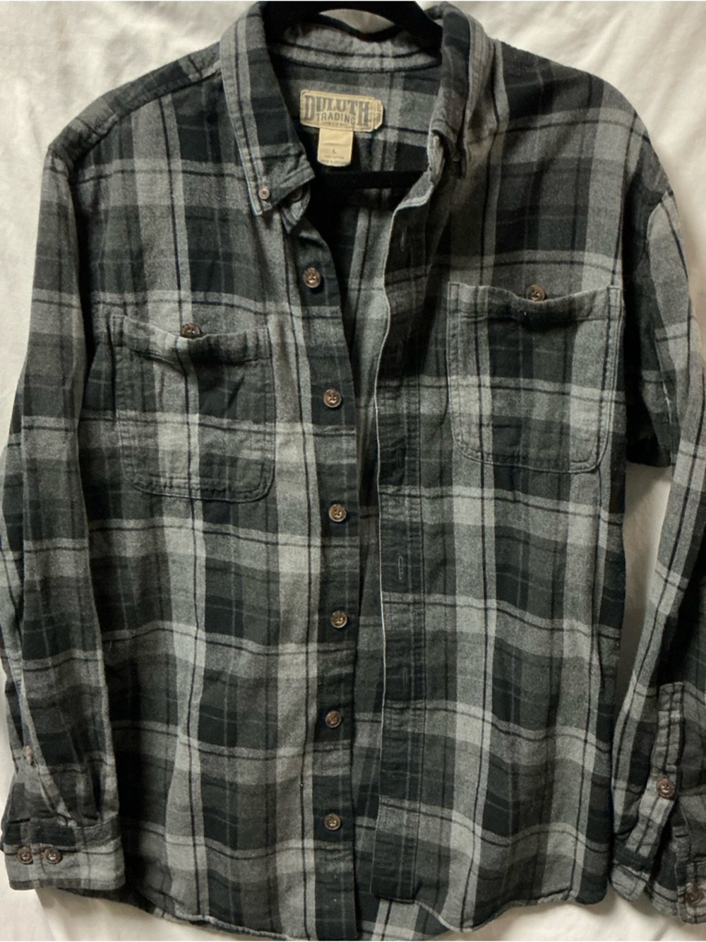 Duluth Trading Co Men's Dark Gray and Light Gray Plaid Button-Down Shirt